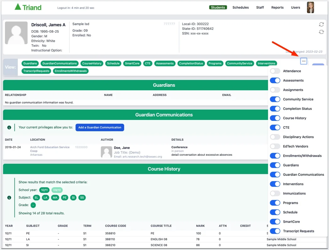screenshot student section dropdown